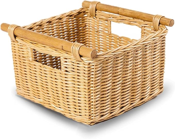 The Basket Lady Deep Pole Handle Wicker Storage Basket, 11.5 in L x 11.5 in W x