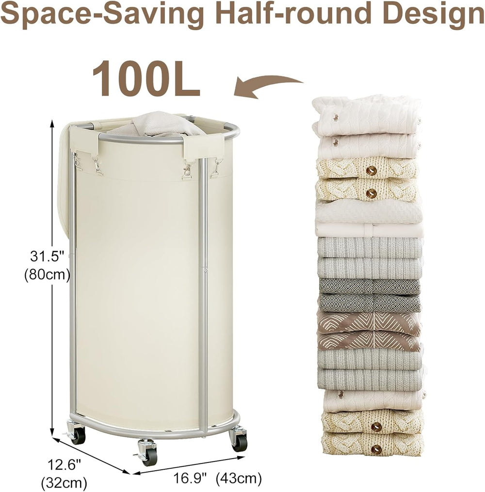 Laundry Hamper with Wheels and Lid, 100L Half Round Rolling Laundry Basket