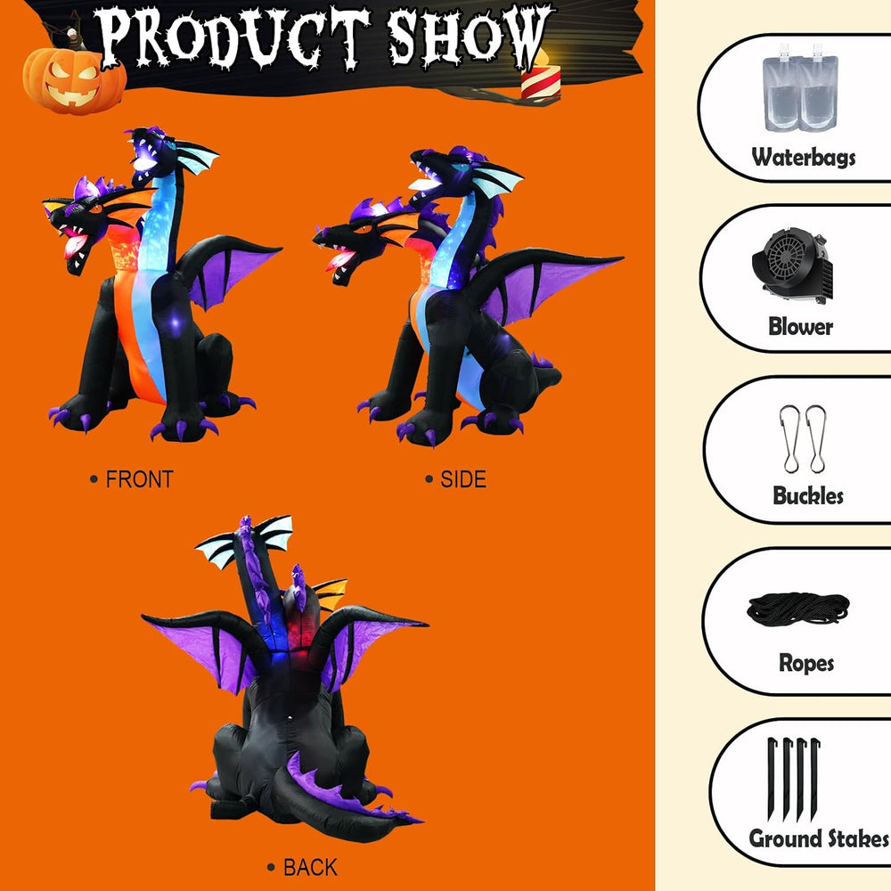 7FT Tall Halloween Inflatables Dragon with 2 Heads, Fire and Ice Blow Up Drag...