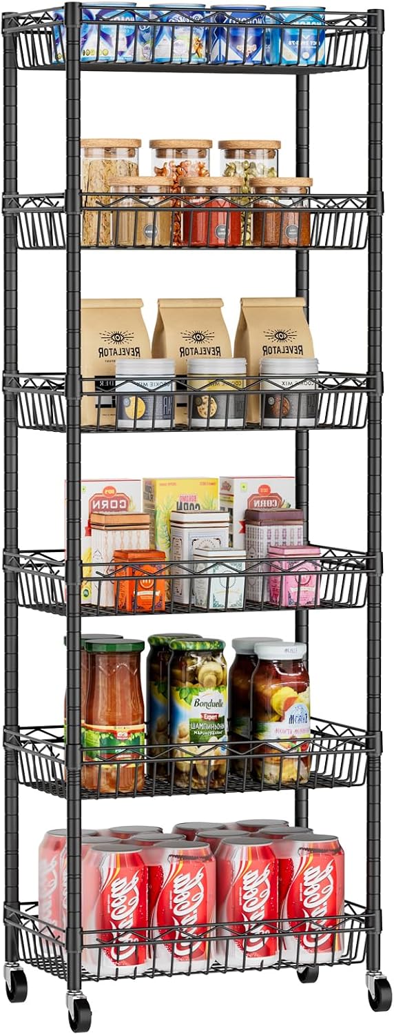 Basket Shelves Closet Rack with Wheels Metal Pantry Wire Shelf Unit
