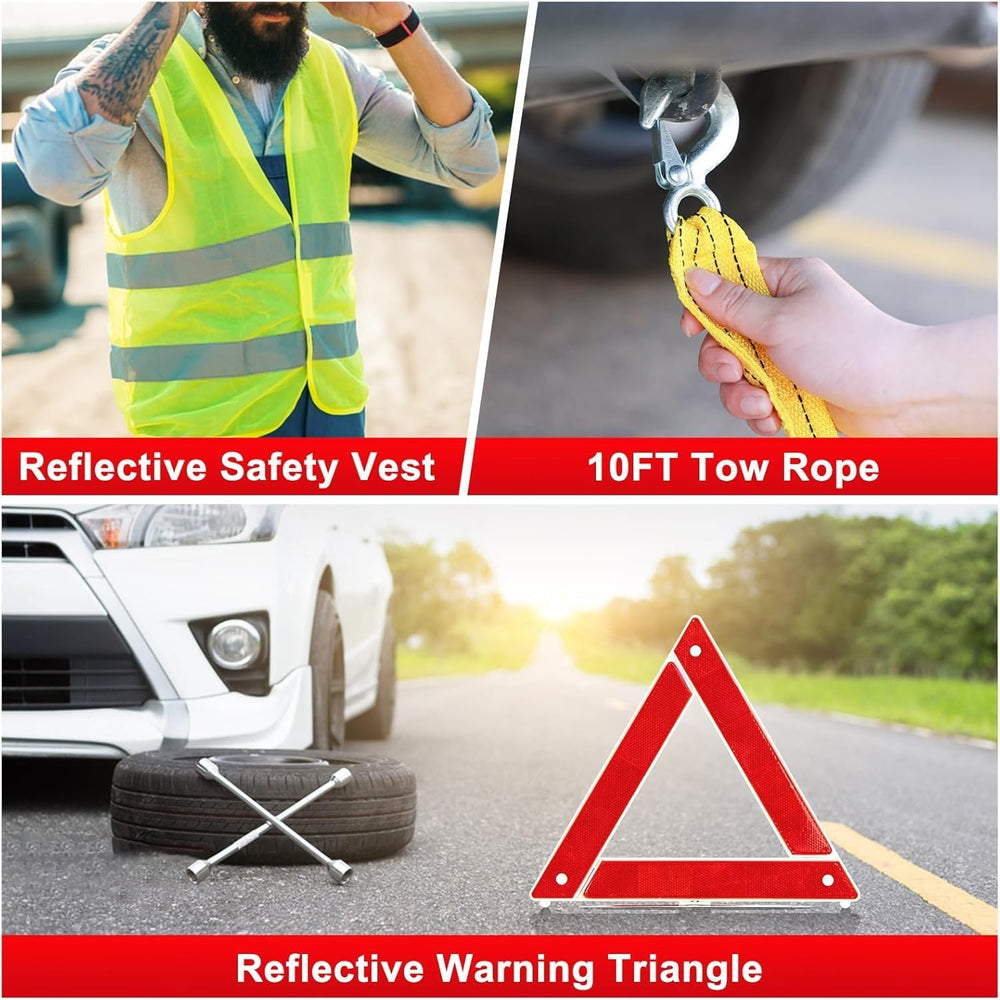 Car Roadside Emergency Kit - Car Emergency Kit with Jumper Cables, Tow Rope, ...