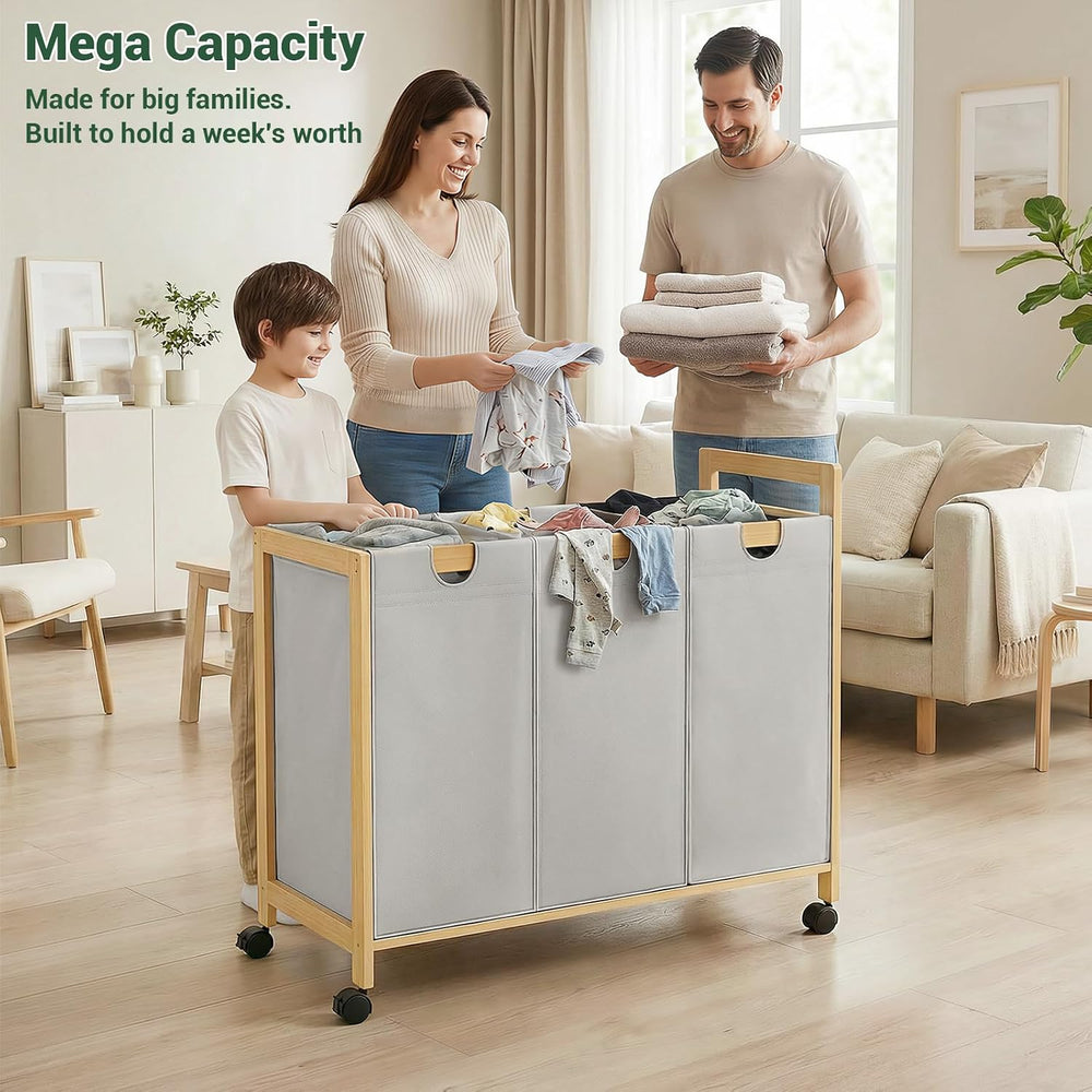Homykic 250L Laundry Sorter with Wheels, 3-Section Laundry Hamper, Grey