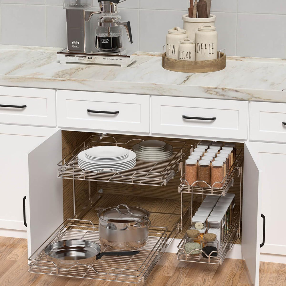 OCG 2 Tier Pull Out Cabinet Organizer (14" W x 21" D), Pull Out Dra...