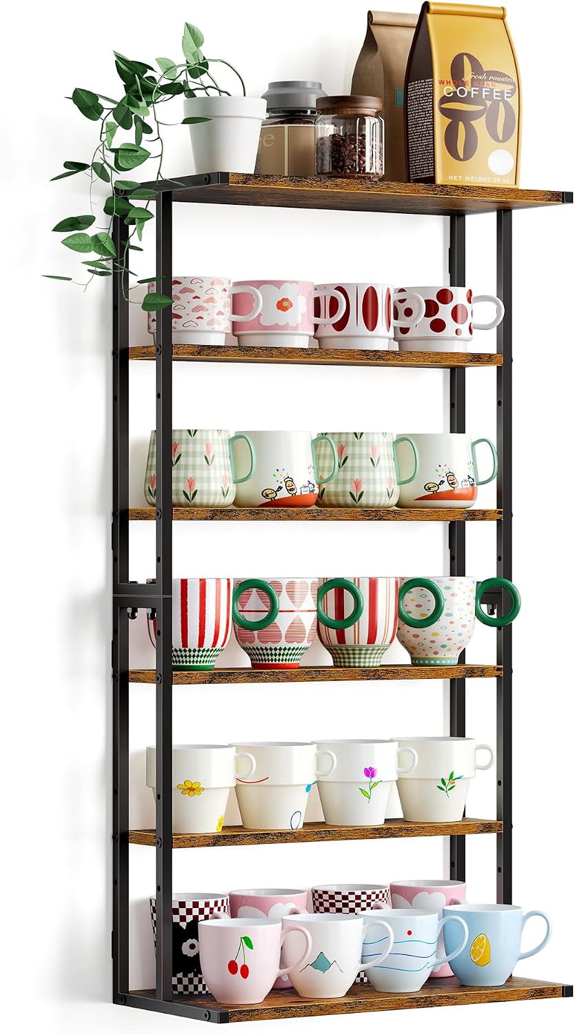 2-in-1 Coffee Cup Holder Wall Mounted, 6-Tier Wood Mug Holder Wall Mount with...