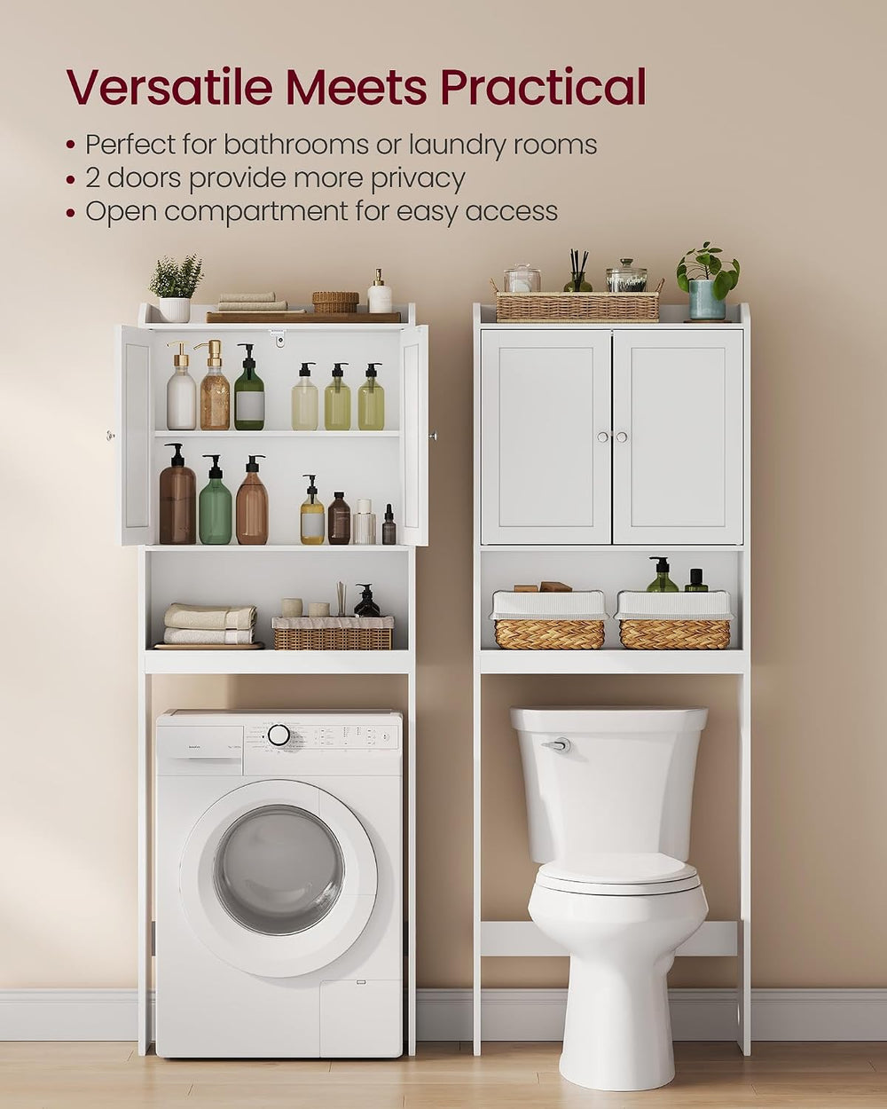 VASAGLE Over the Toilet Storage Cabinet, Doors, Adjustable Shelves, 24.6'...