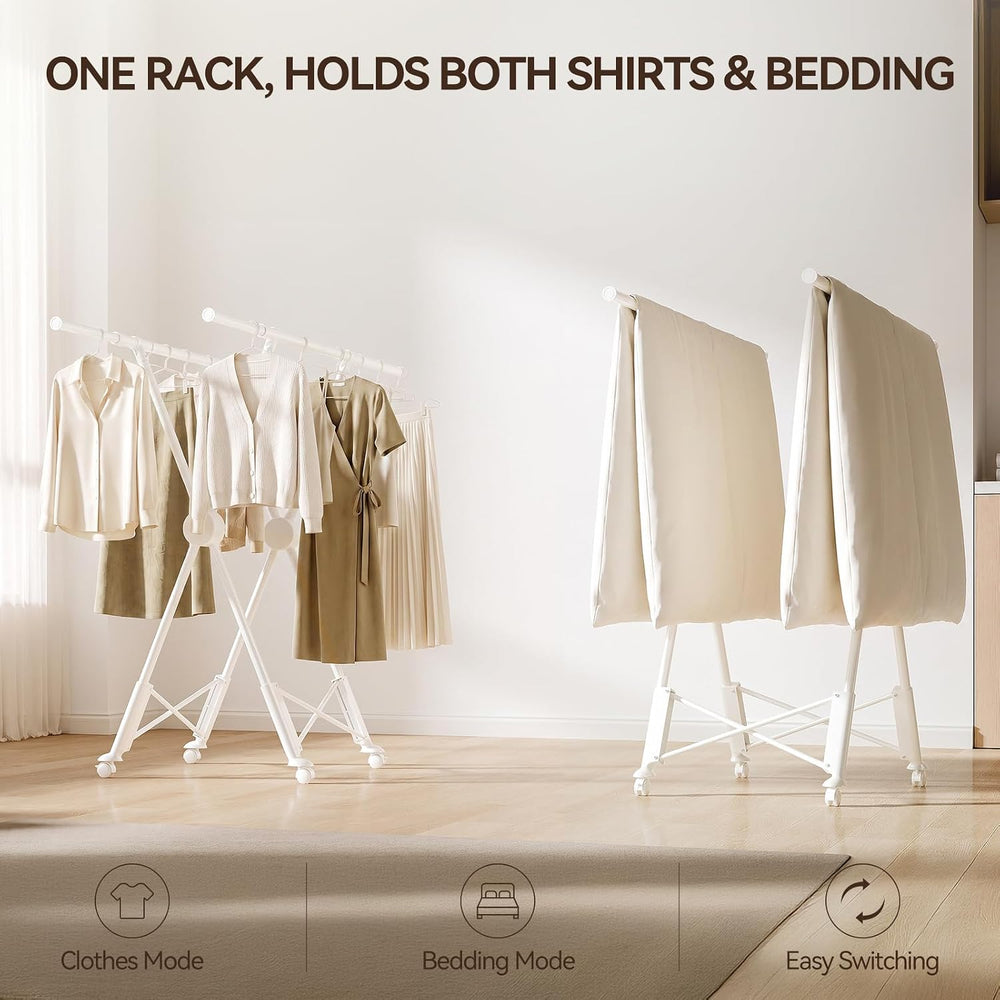 SUJI Clothes Drying Rack , Dual Rod with Wheels, Cream White Foldable