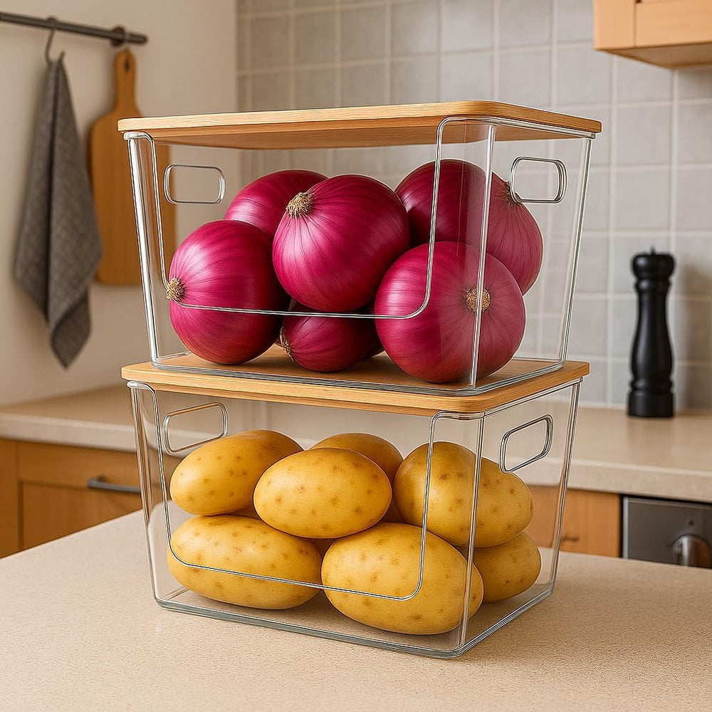 6 Pack Clear Stackable Storage Bins with Bamboo Lids, Trash Bag Holder Dispen...
