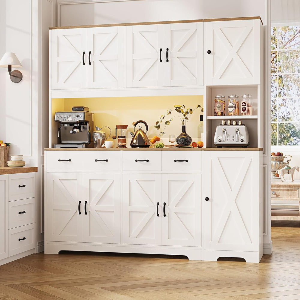 71" Tall Kitchen Pantry with LED Lights & Charging Station, Farmhous...