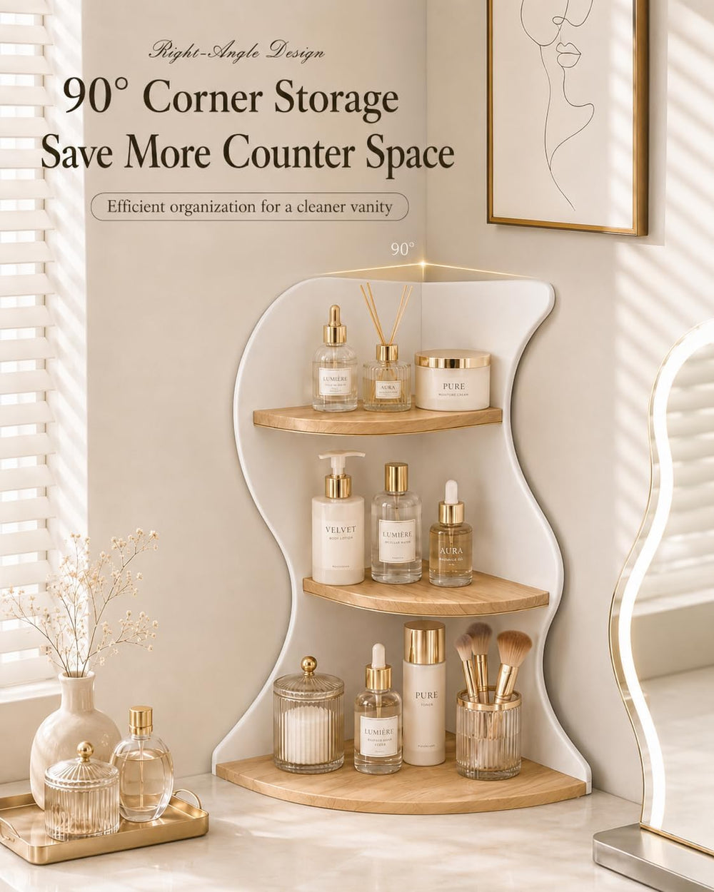 Makeup Organizer Corner Shelf, 3 Tier Vanity Rack, Space Saving Stand