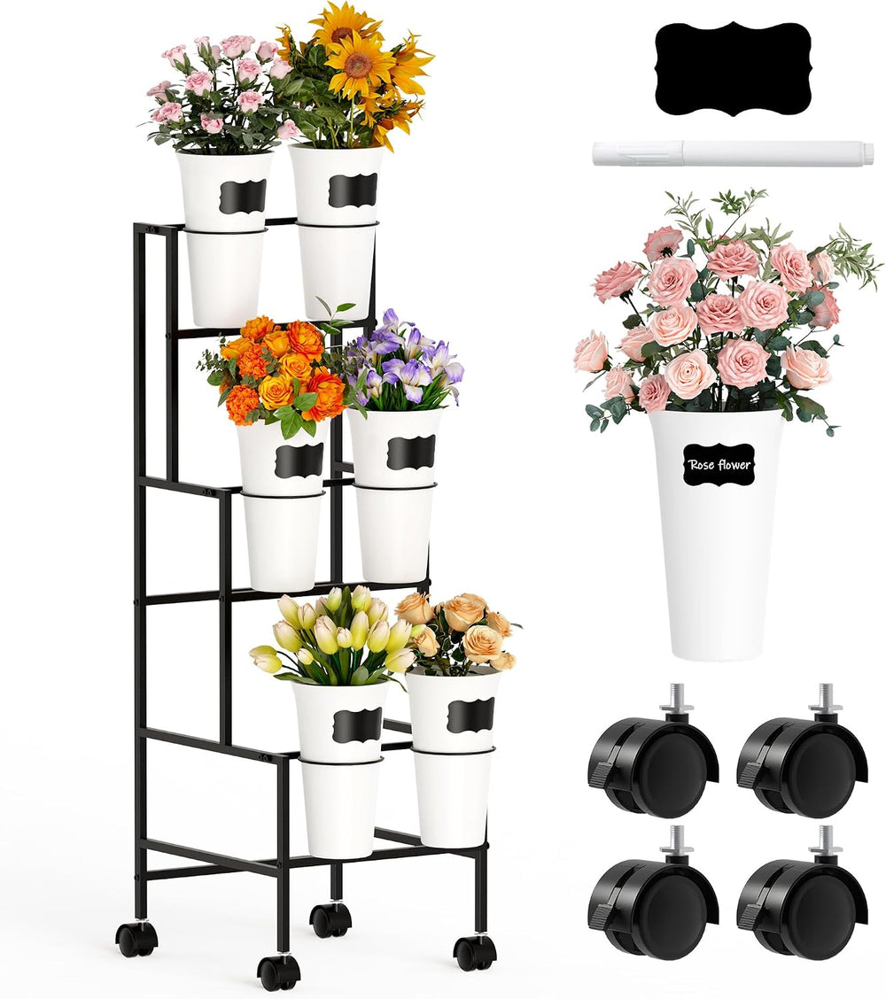 Flower Display Stand with 6 Buckets, Flower Cart with Wheels, 3 Layers Metal ...