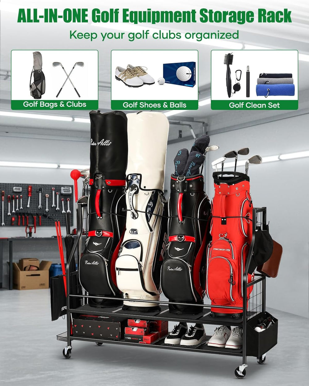 FHXZH Golf Bag Storage Garage Organizer - Golf Bag Stand with Wheels