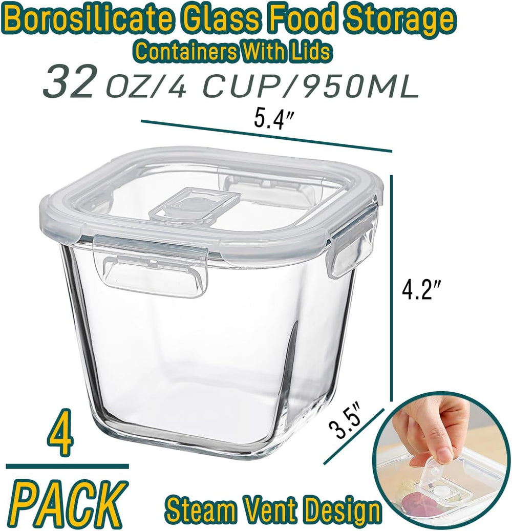 Borosilicate Glass Food Storage Containers With Lids,4 Cup/32 Oz, 4 Pack
