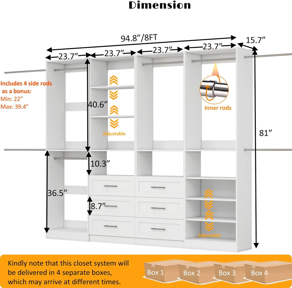 Closet System with 4 Sets, 8-21FT Closet Organizer Systems with 6 Drawers &am...
