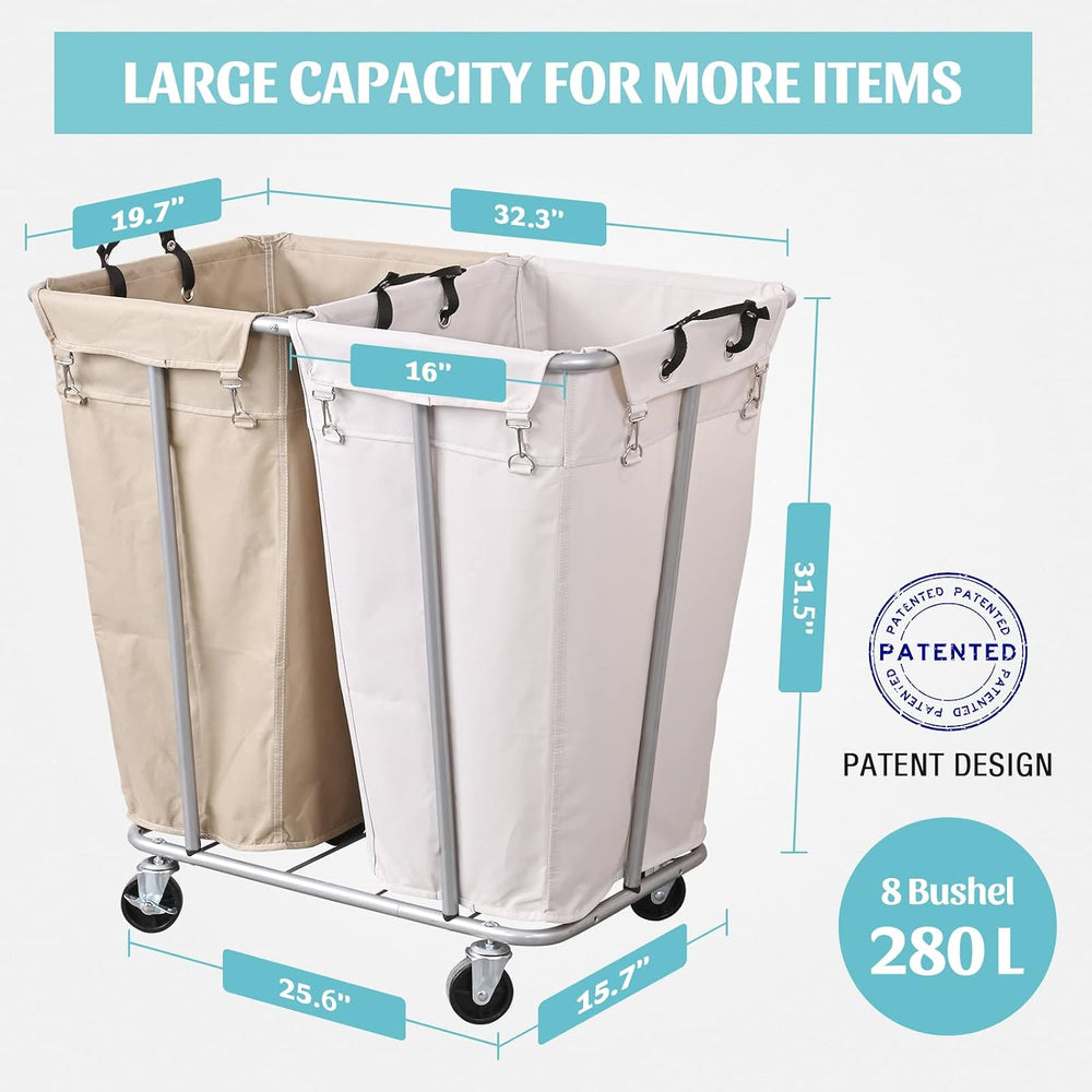 PLKOW 280L 2-Section Rolling Laundry Sorter, Oat and White