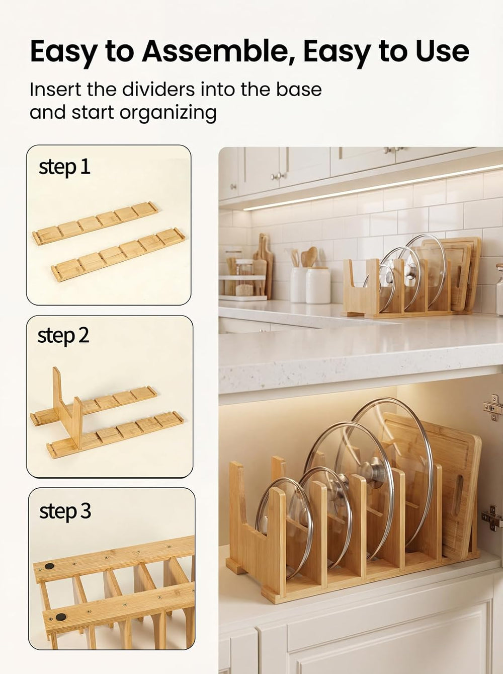2 Pack Bamboo Pot Lid Organizer for Drawer & Cabinet, 6-Slot Lid Holder