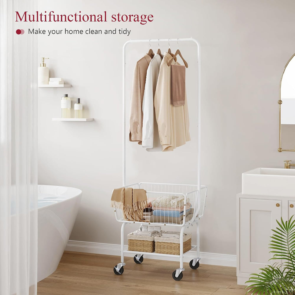 Tajsoon Rolling Laundry Cart with Hanging Rack & Storage Basket, White