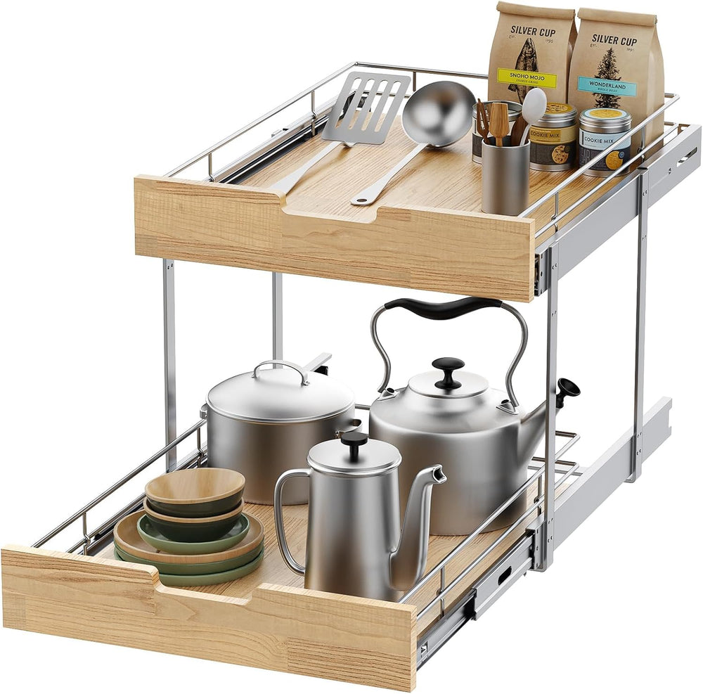Sikarou Pull Out Cabinet Organizer,Heavy-Duty Slide Out Shelf, Wood and Wire ...