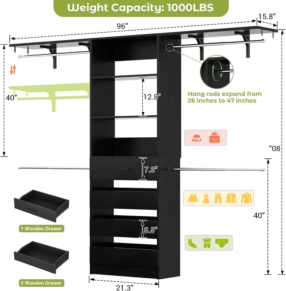 Aheaplus Closet System with 4 Drawers, 8FT Wood Closet Organizer System