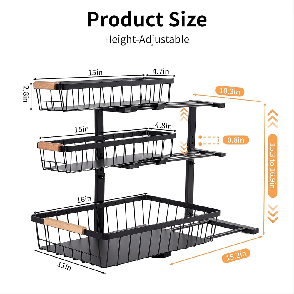 3 Tier Grid Pull Out Organizer Black 2 Pack Sliding Rack