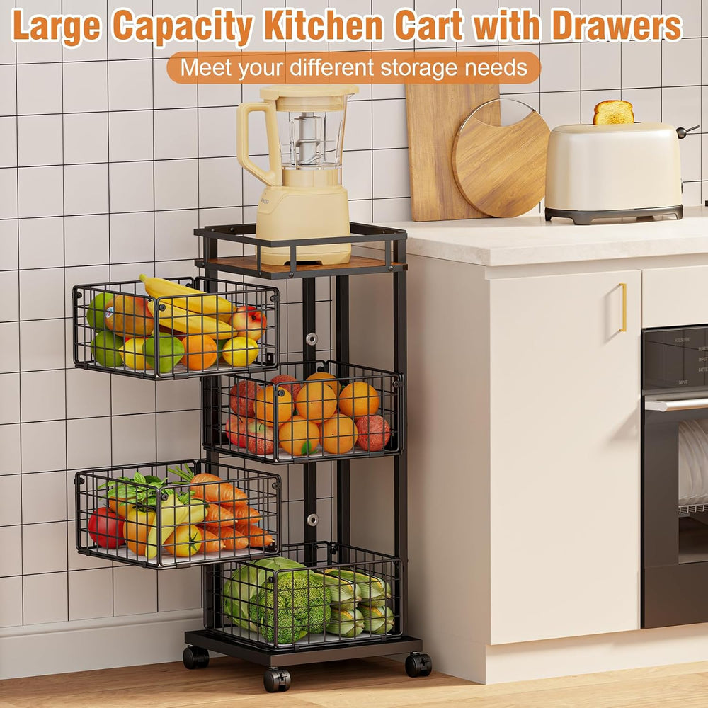 4-Tier Kitchen Storage Cart, Rotating Fruit Vegetable Storage Cart, Rolling K...