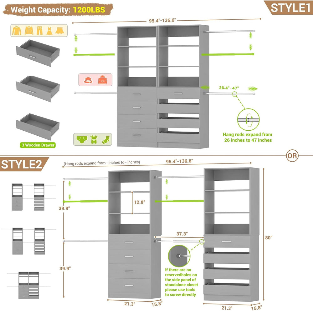 Aheaplus Closet System, 6-15Ft Closet Organizer with 8 Wooden Drawers