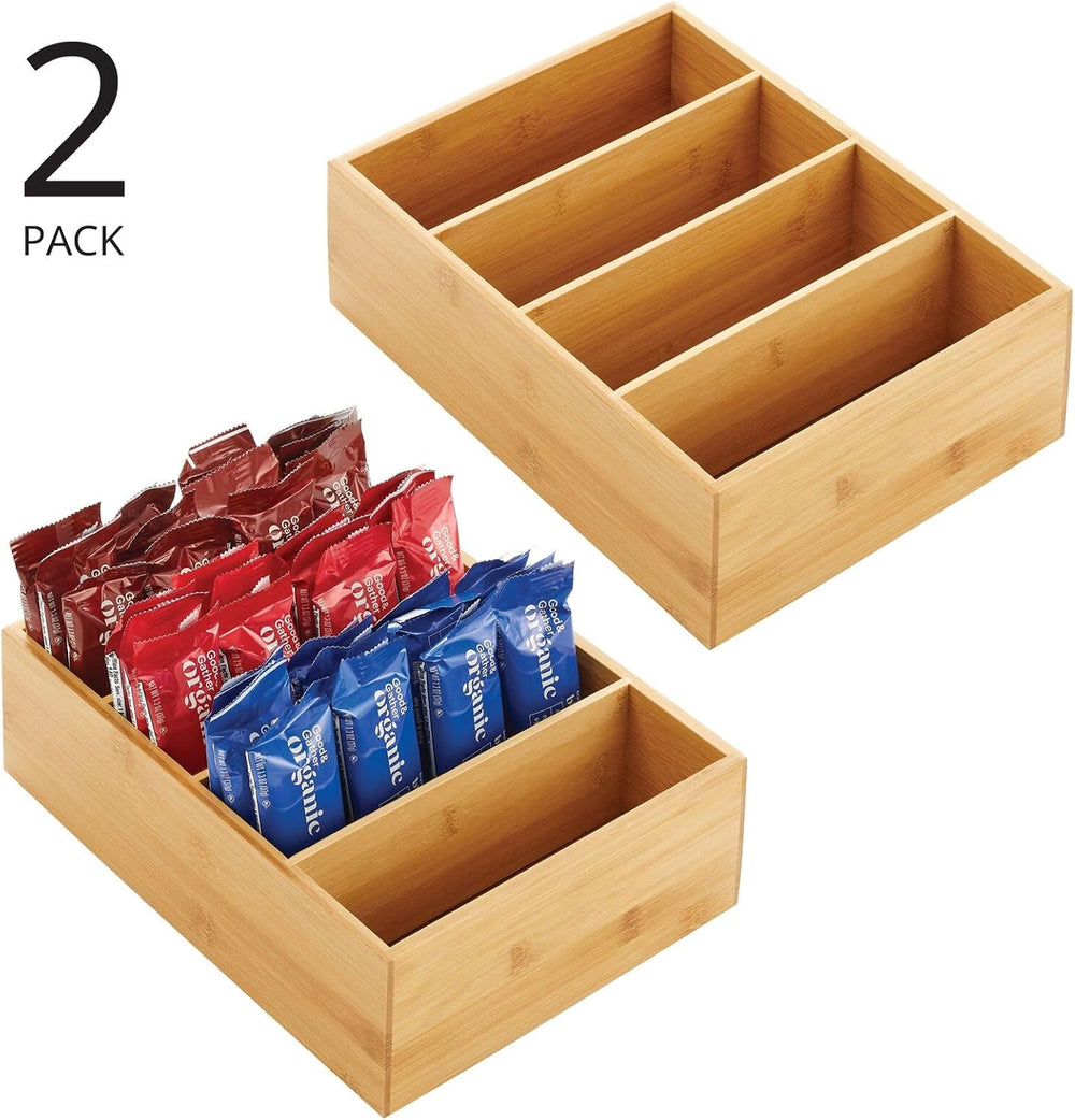 mDesign Bamboo Wood Food Storage Organizer Box, 4 Section, Divided Compartmen...