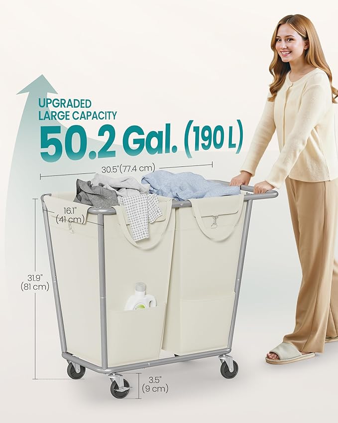 SONGMICS Laundry Basket with Wheels, 50.2 Gallons, 2-Section Rolling Laundry