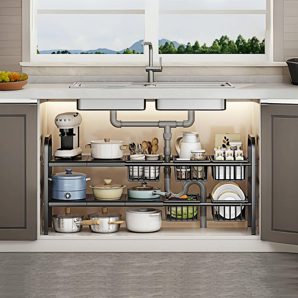Under Sink Organizer,2 Tier Expandable Heavy Duty Metal Shelf,with 5 Removabl...