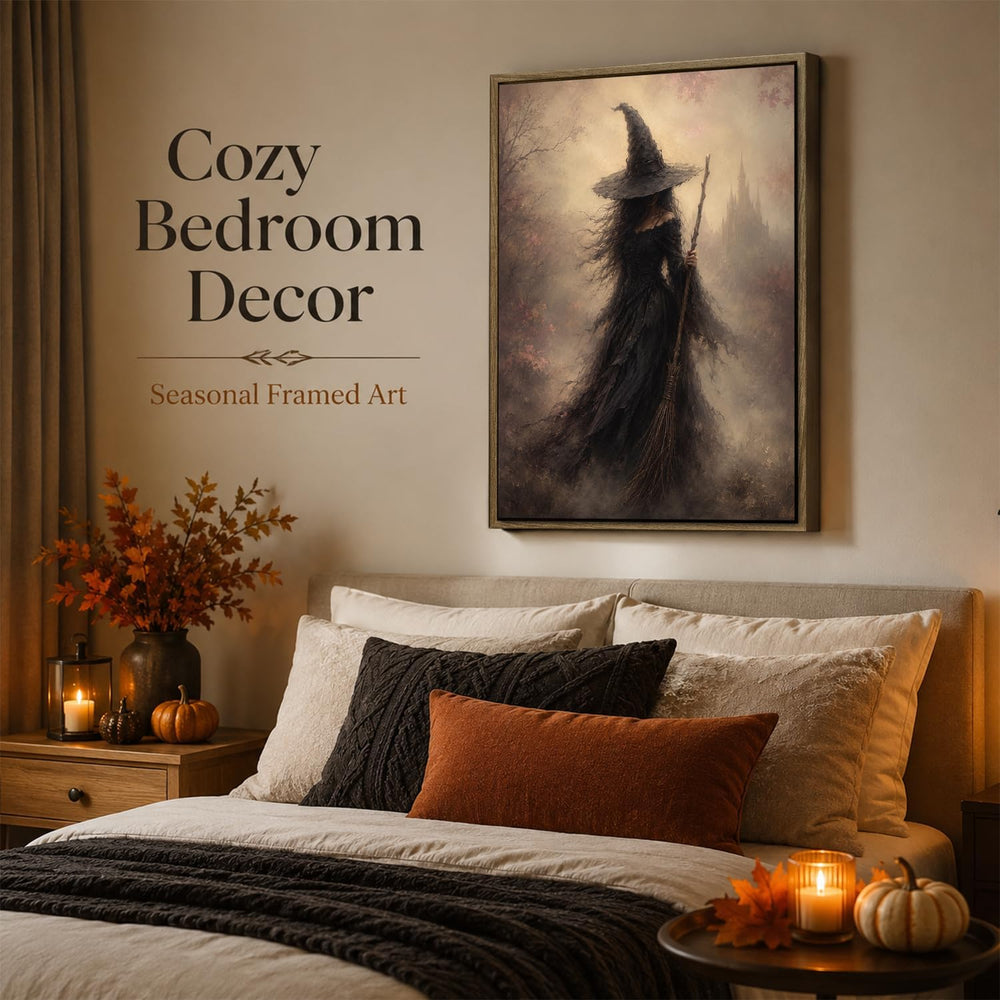 Halloween Framed Wall Art, Dark Witch with Broomstick Halloween Pictures