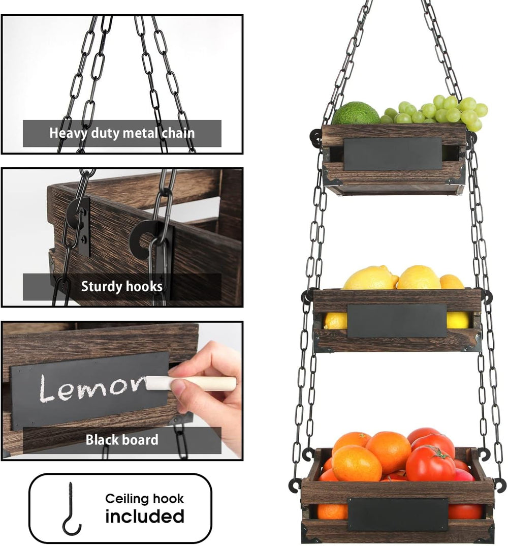 J JACKCUBE DESIGN 3-Tier Rustic Wood Hanging Fruit Basket, Kitchen Fruit, Veg...