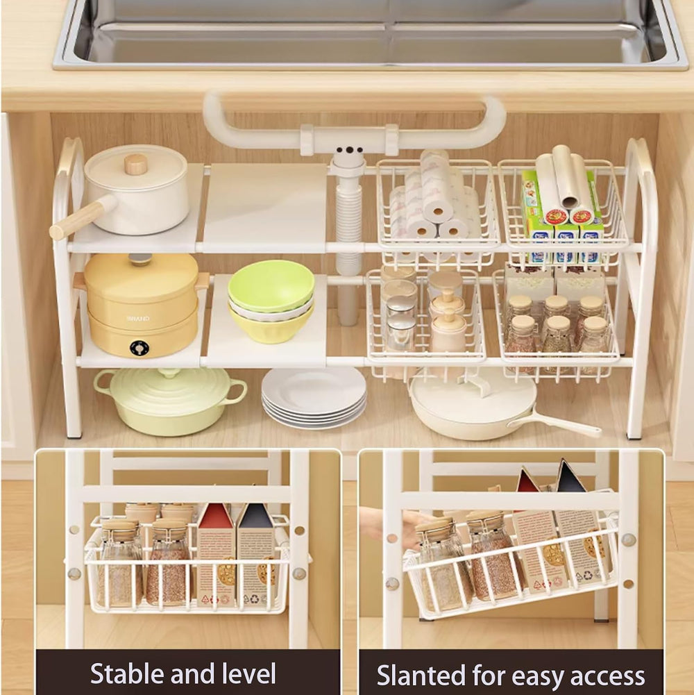 Under Sink Organizer,2 Tier Expandable Heavy Duty Metal Shelf,with 5 Removabl...