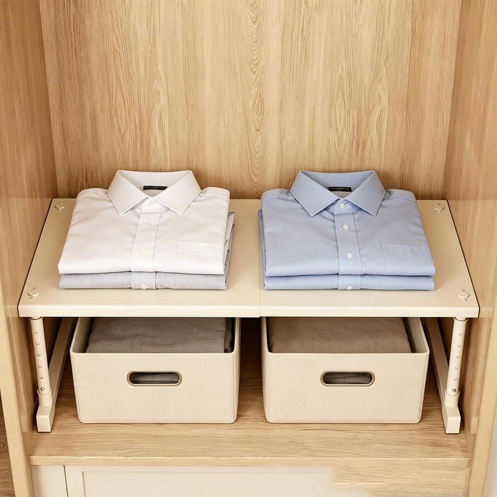 Adjustable Closet Shelf Organizer, Expandable Storage Rack for Wardrobe, Beig...