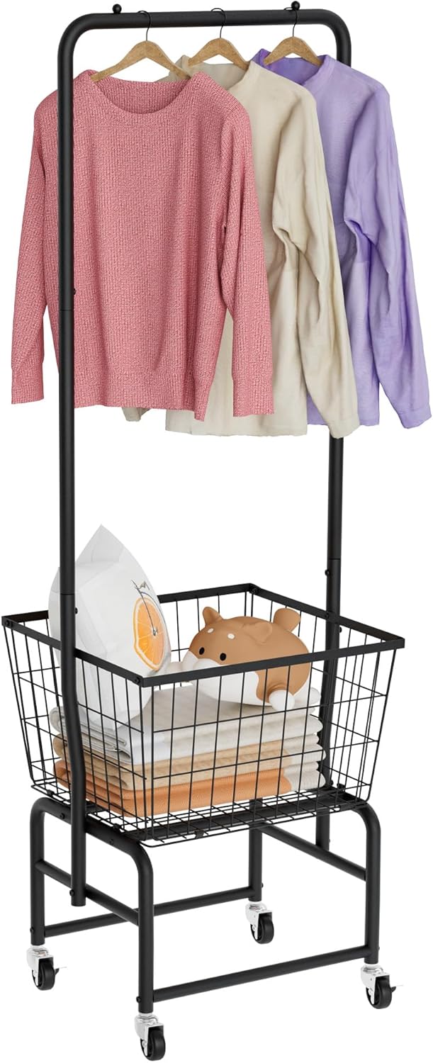 Rolling Laundry Cart with Wheels, Laundry Hamper Basket Organizer with Clothe...
