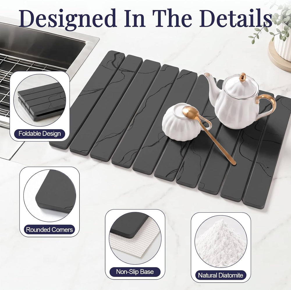 Large Stone Dish Drying Mat Set for Kitchen Counter Dark Gray Marble