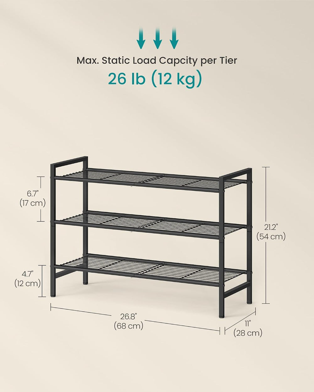 SONGMICS 3-Tier Metal Shoe Rack, Vertical Shelf, Holds up to 16 Pairs