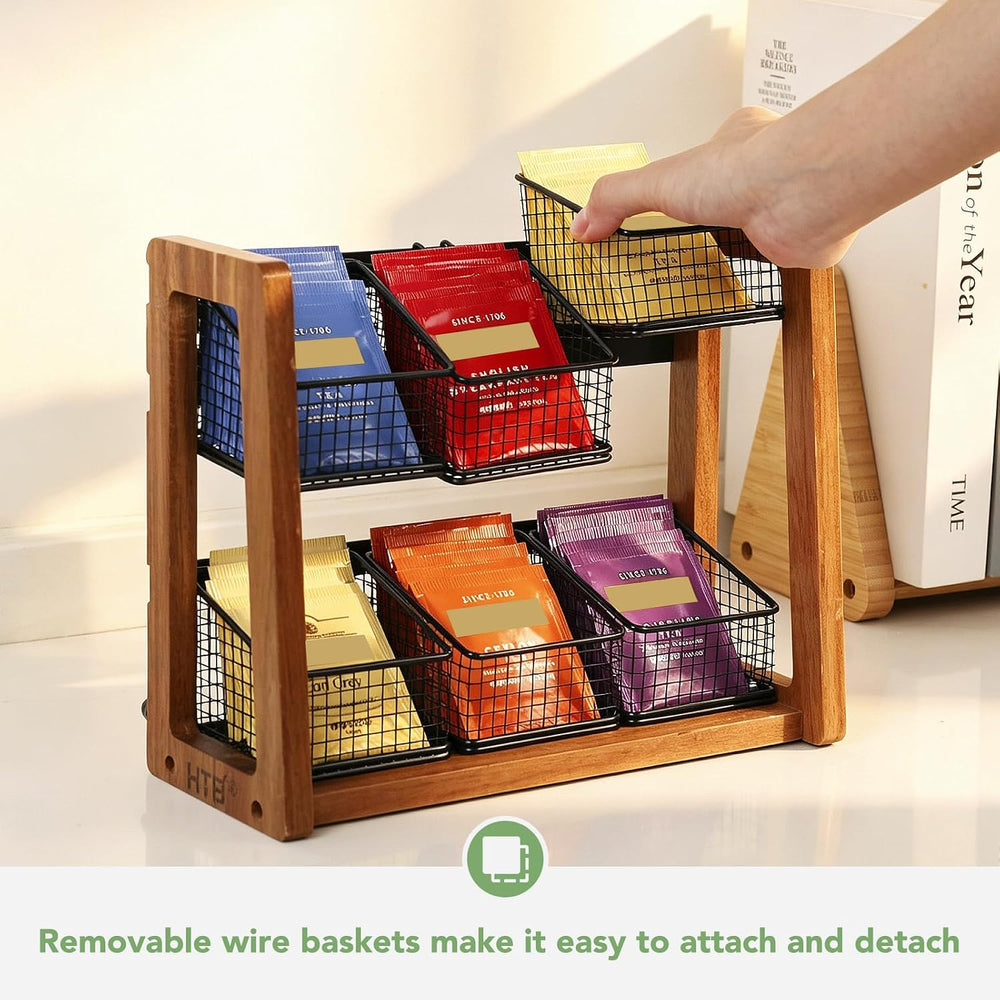 HTB 2 Tier Tea Organizer for Tea Bags with 6 Removable Metal Baskets