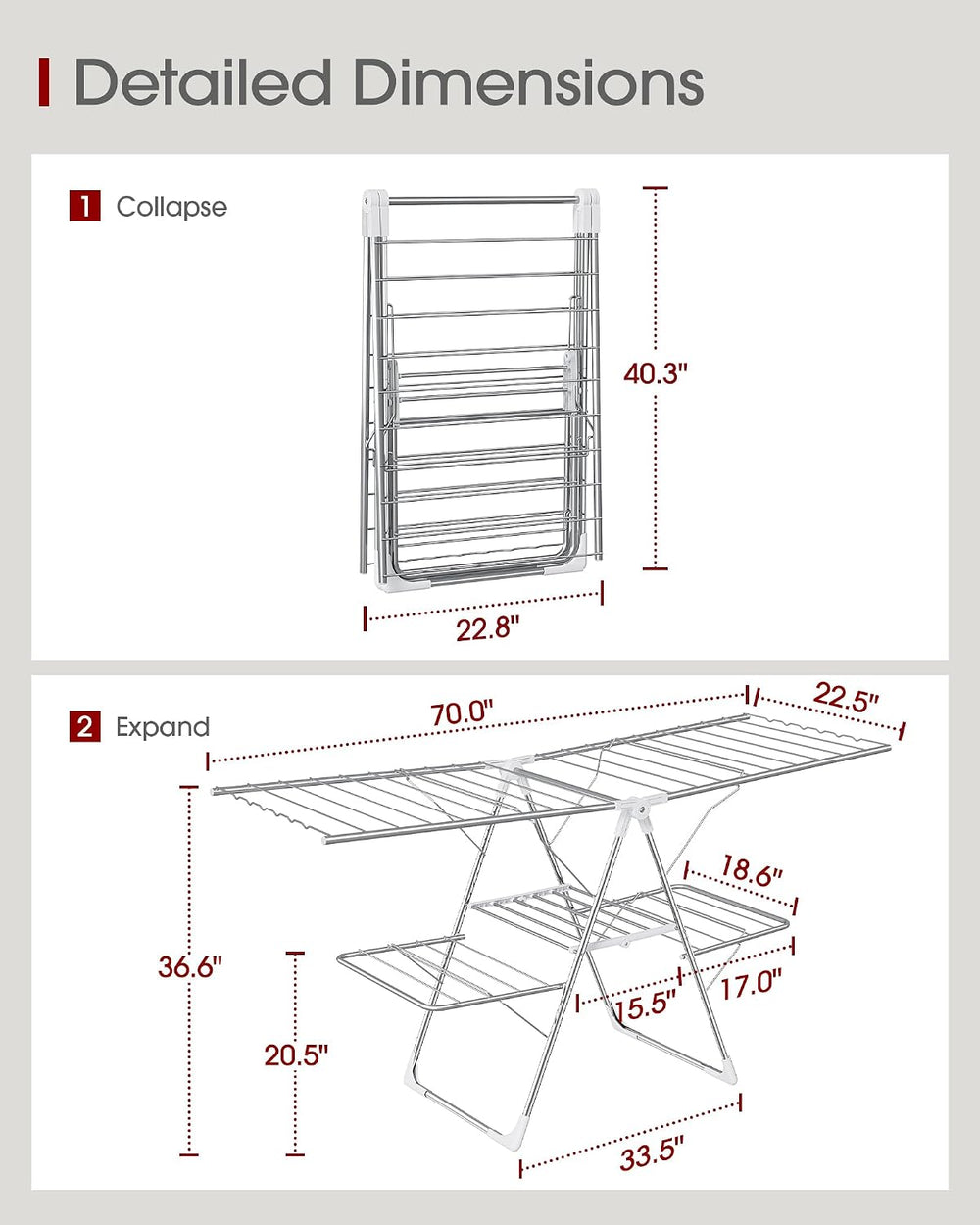 Sakugi Clothes Drying Rack, Foldable 2-Level with 70" Adjustable Wings