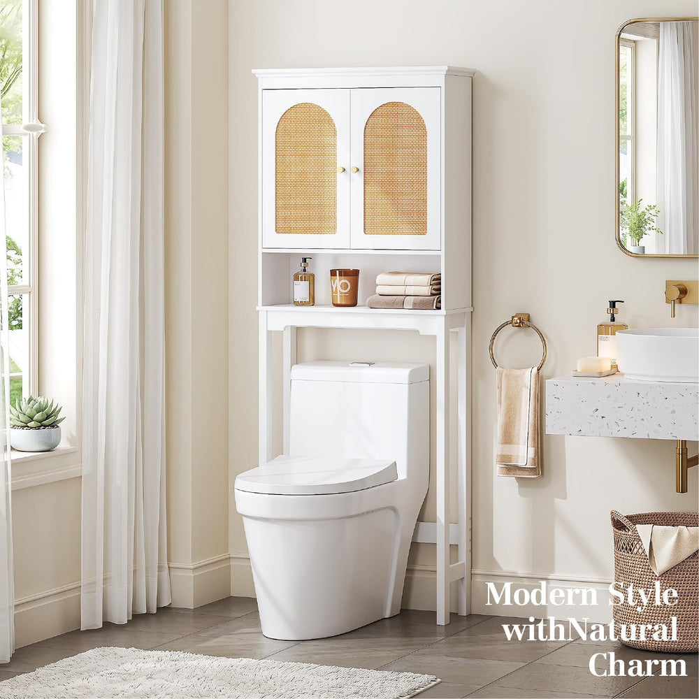 Spirich Over The Toilet Storage Cabinet, Arched Rattan-Style Doors, White