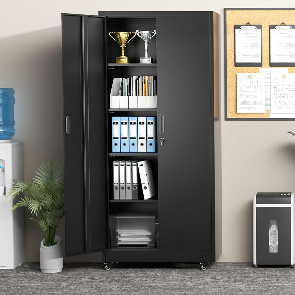 73" Rolling Storage Cabinet,Black Metal Garage Cabinet with Locking Door...