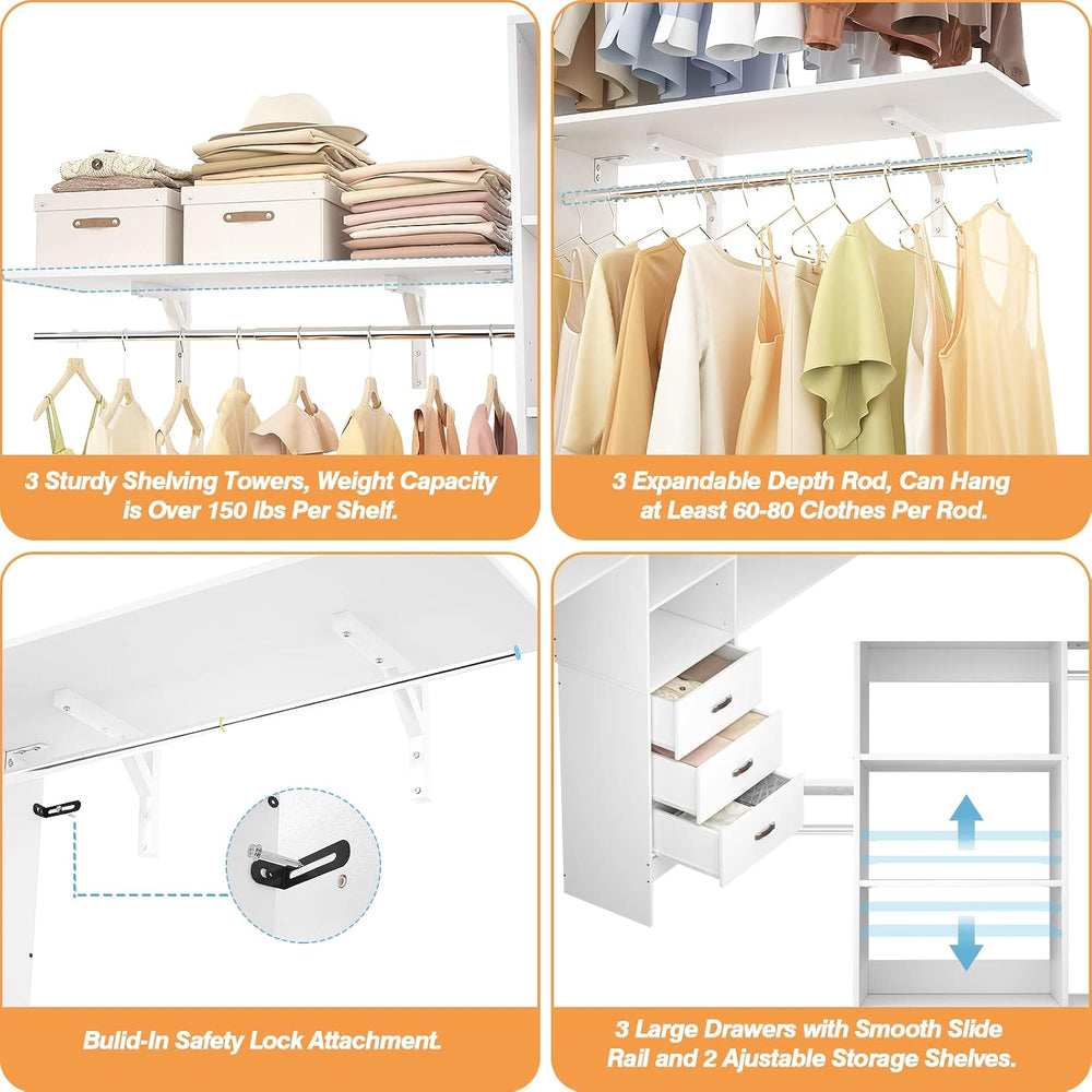 8FT Closet System, 96'' Closet Organizer System with 3 Hanging Rods, ...
