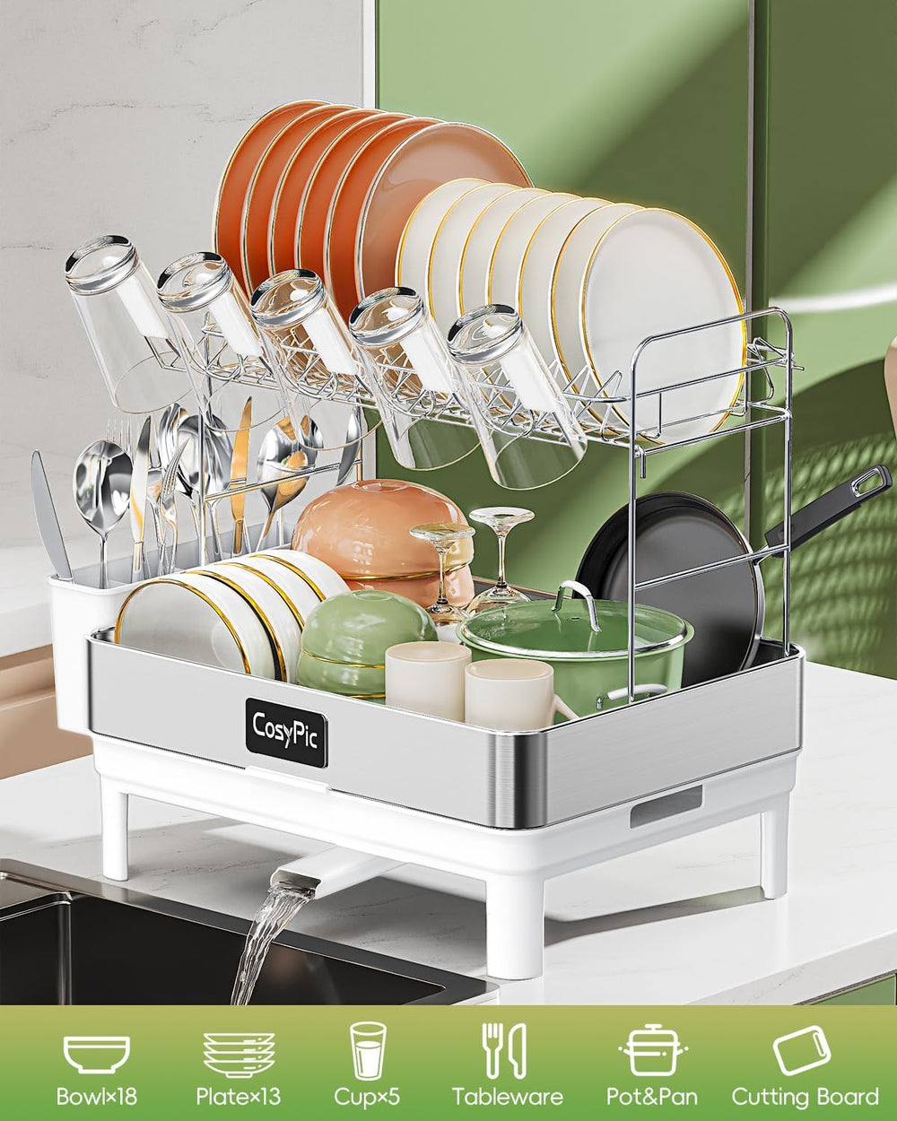 2 Tier Dish Drying Rack, Thicker Premium 304 Stainless Steel Dish Racks for K...
