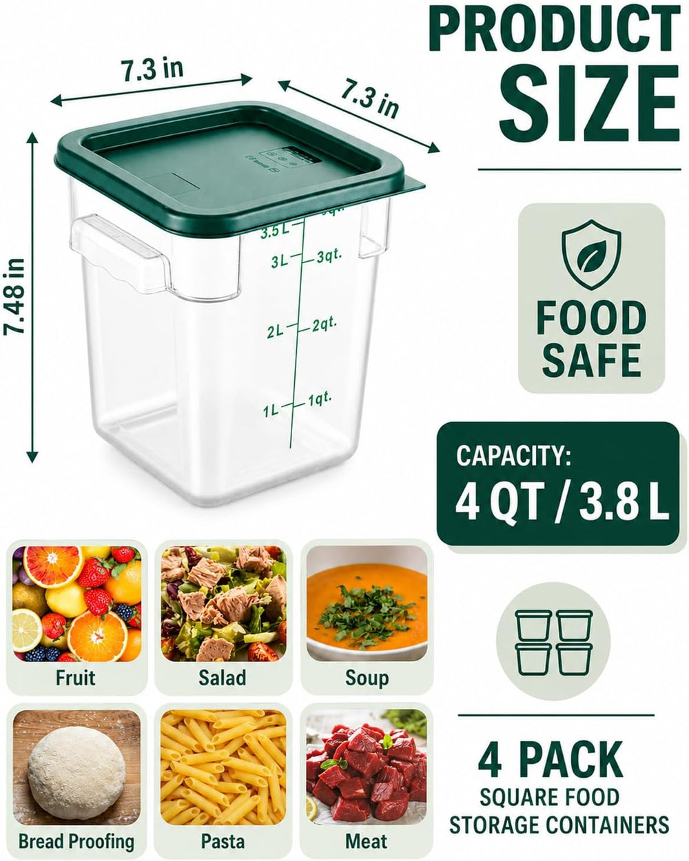 4 Pack 4QT Food Storage Containers with Green Lids - Square, Clear