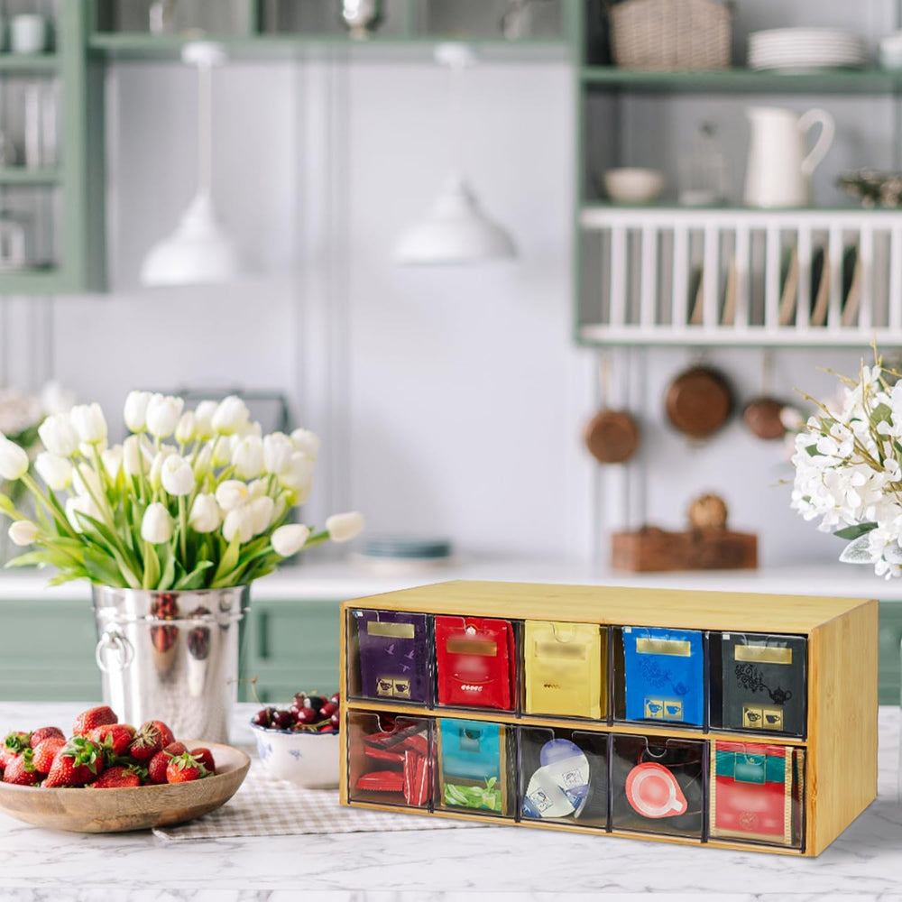 TIMIEEYA Tea Bag Organizer - Bamboo Tea Storage Organizer With Drawer 2 Layer...