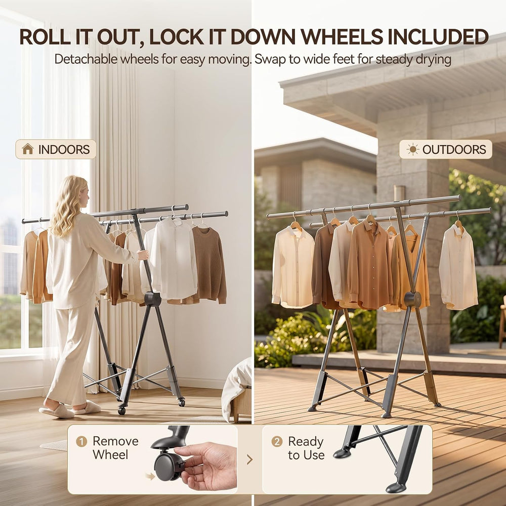 SUJI Clothes Drying Rack, Dual Rod with Wheels, Grey Foldable