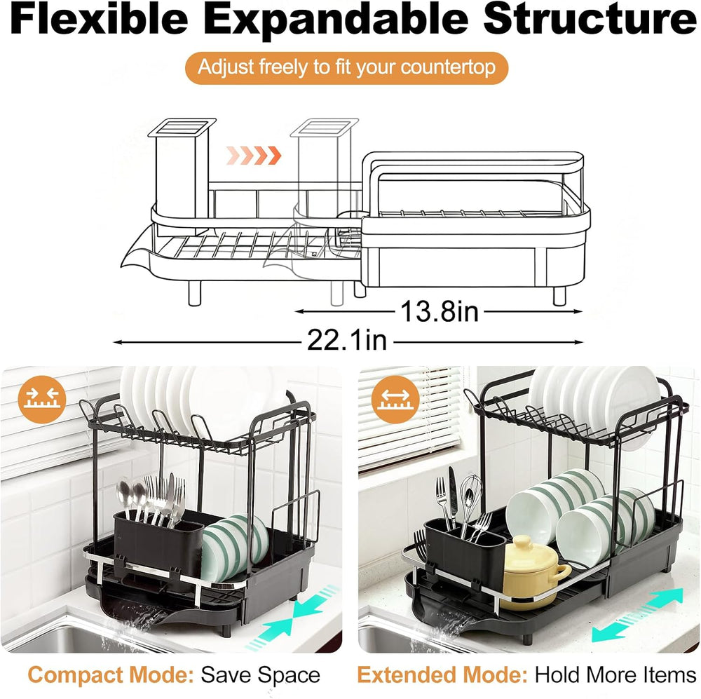 Expandable Stainless Steel 2-Tier Large Capacity Dish Drying Rack, Auto Drain...