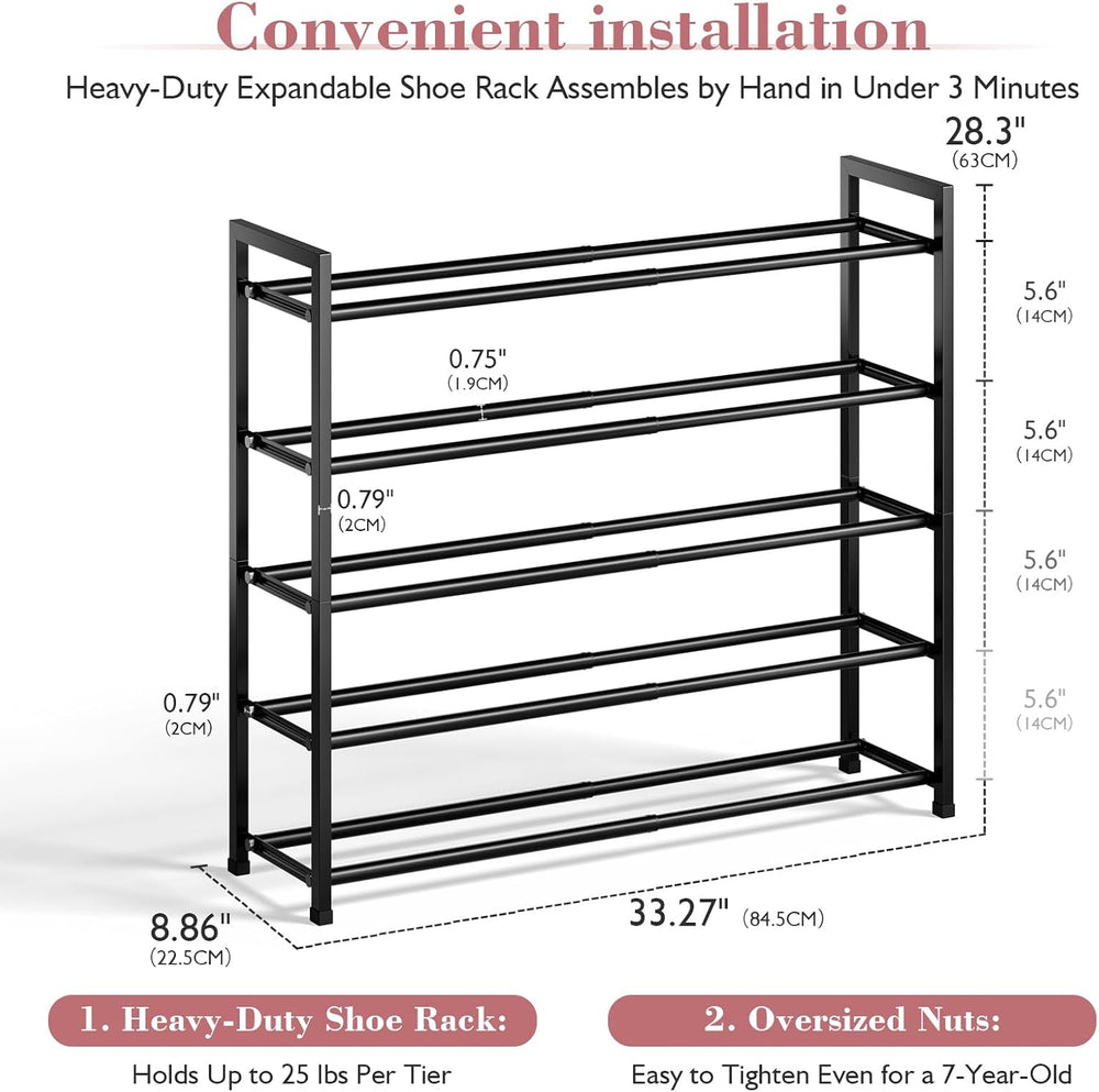Bumusty 5 Tier Expandable Shoe Rack for Closet, Black