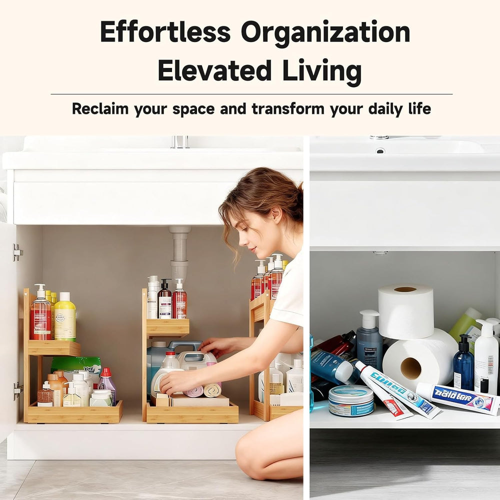 Bamboo Undersink Organizer Storage - 2-Tier Cabinet Shelf with Adjustable Lev...