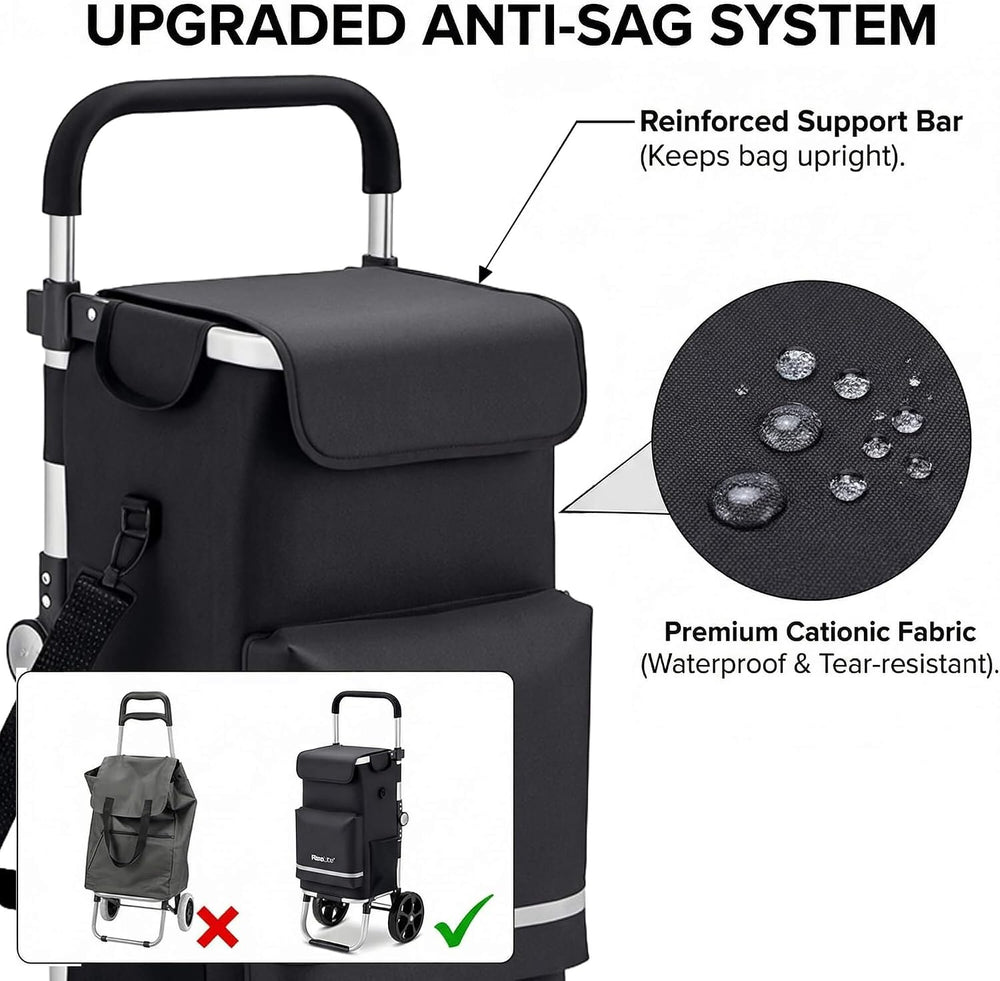 Lightweight Foldable Shopping Cart, 55L Grocery Cart with Cooler Pocket