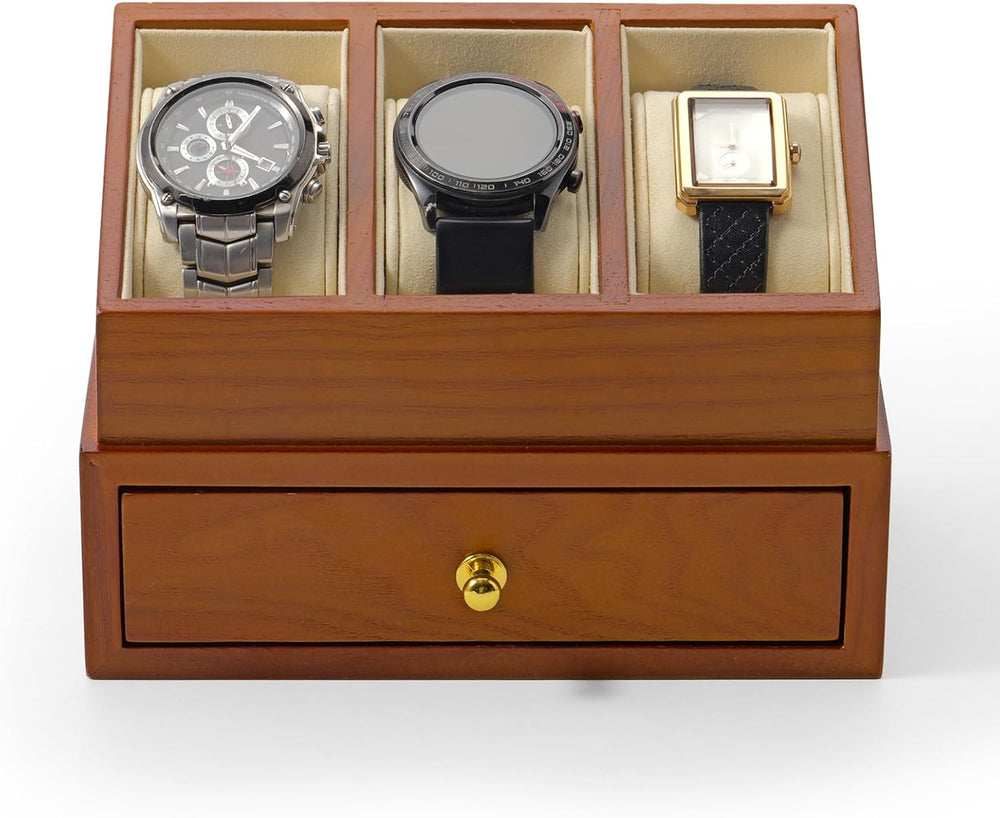 Solid Wood 3-Slot Watch Display Case with Acrylic Lid & Drawer