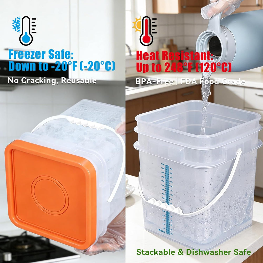 5 Pack 5 Gallon Square Plastic Bucket with Lids and Graduation Marks, Food Gr...
